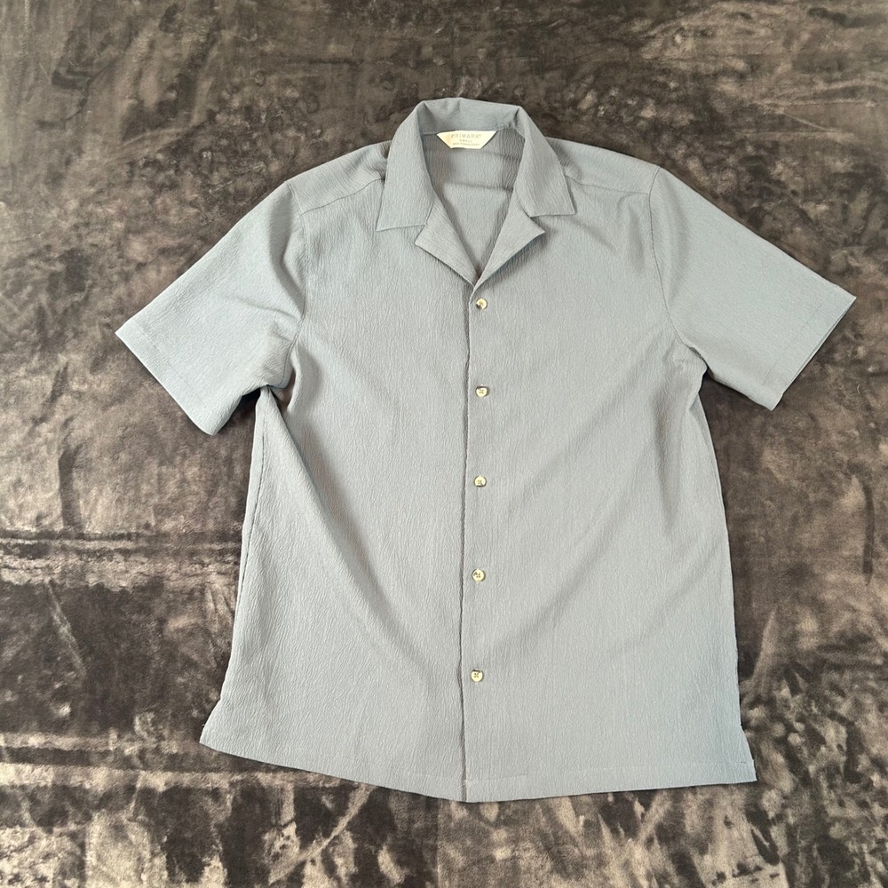 Primark Button Down Shirt Mens Small Blue Textured Short Sleeve Camp Collar